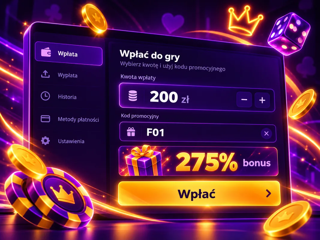 Pole kodu promocyjnego w kasie F1 Casino z wpisanym kodem F01