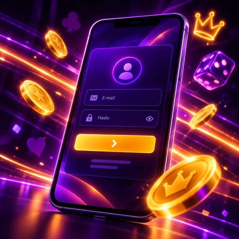 F1 Casino logowanie – smartfon z oknem logowania e-mail i hasło na fioletowym tle
