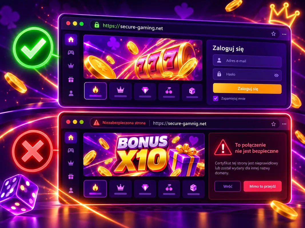 Porównanie prawdziwego i fałszywego lustra F1 Casino: poprawna domena z kłódką obok domeny z literówką