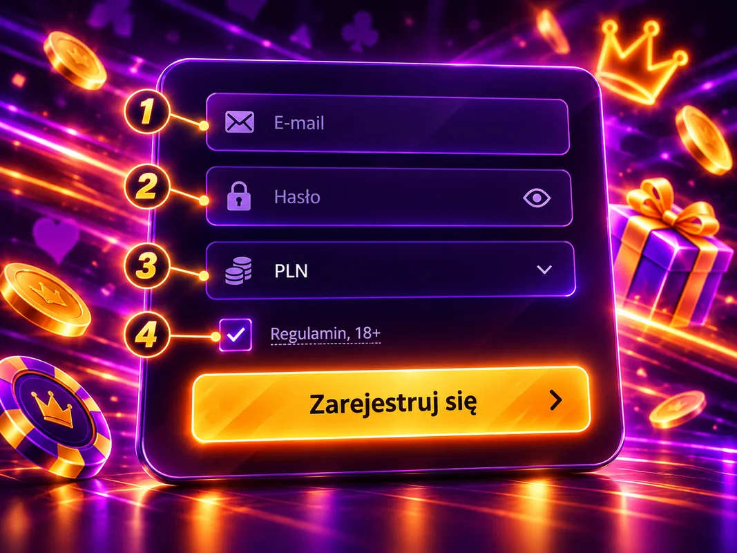 Formularz rejestracji F1 Casino z polami e-mail, hasło, waluta PLN i zgodą 18+